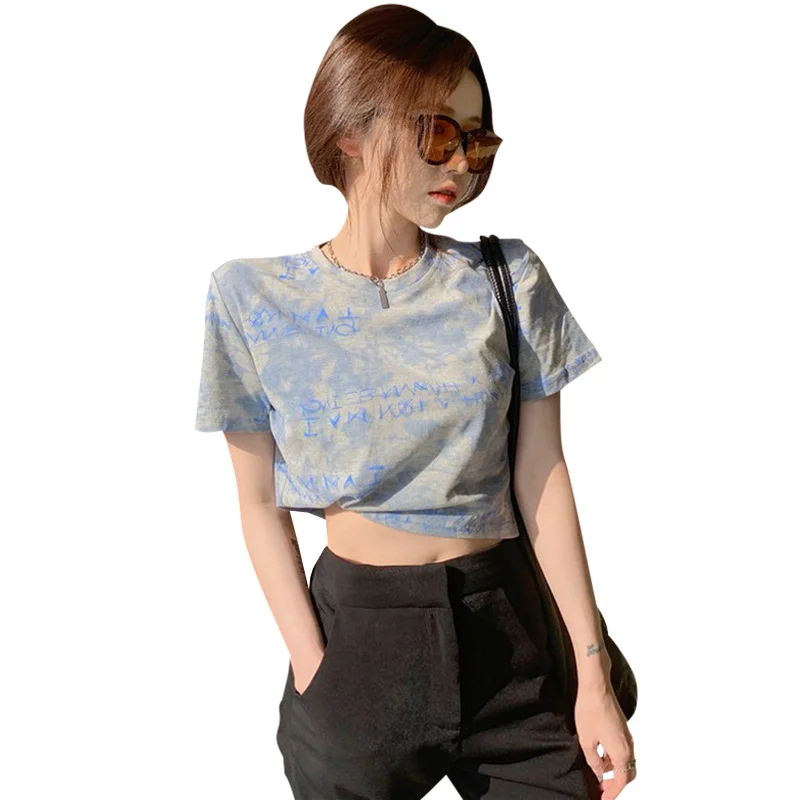 Brownm Brownm Celebrity Tie-Dye Short-Sleeved T-Shirt Women Loose Summer 2024 New Korean Version High Waist Crop Short Clothes Women
