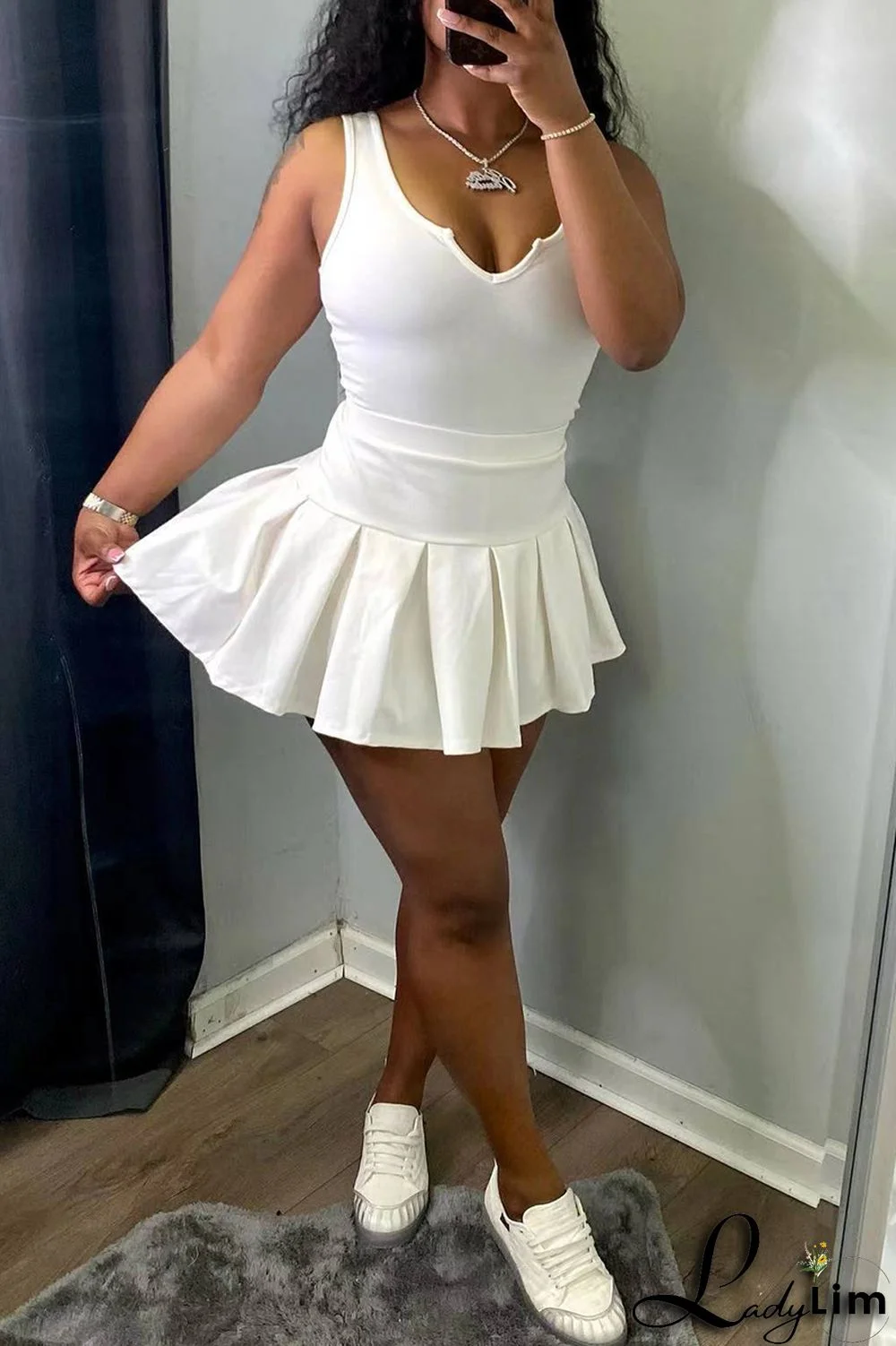 White Fashion Casual Solid Patchwork V Neck Sleeveless Two Pieces