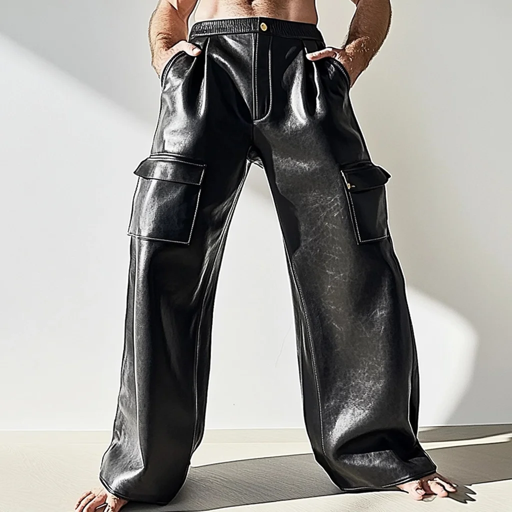 Men's Leather Casual Cargo Trousers-inspireuse