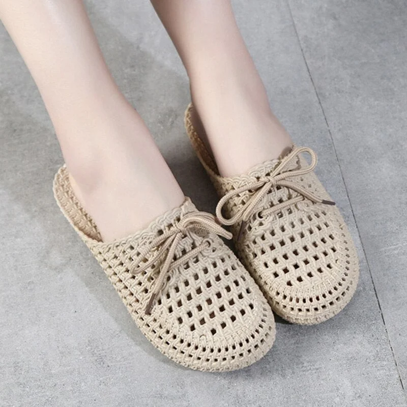 Summer Slippers for Women Fashion Hollow Out Garden Beach Slippers Women Bow Tie Weave Outdoor Casual Shoes Woman