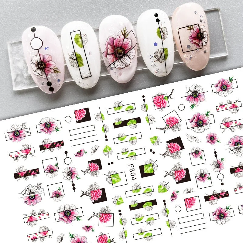 1pcs Black White 3D Nail Art Stickers Sliders Flowers Mandala Leaf Geometry Adhesive Nail Decals Foil Design Manicure-Nail Inspo