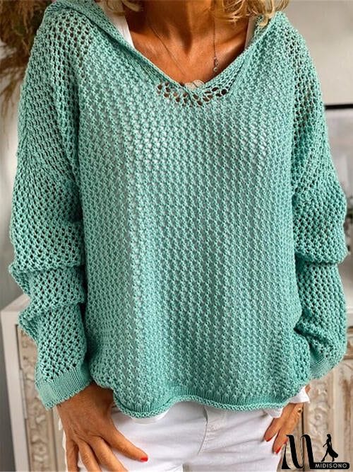 MidiSono - Openwork Hooded Long Sleeve Sweater