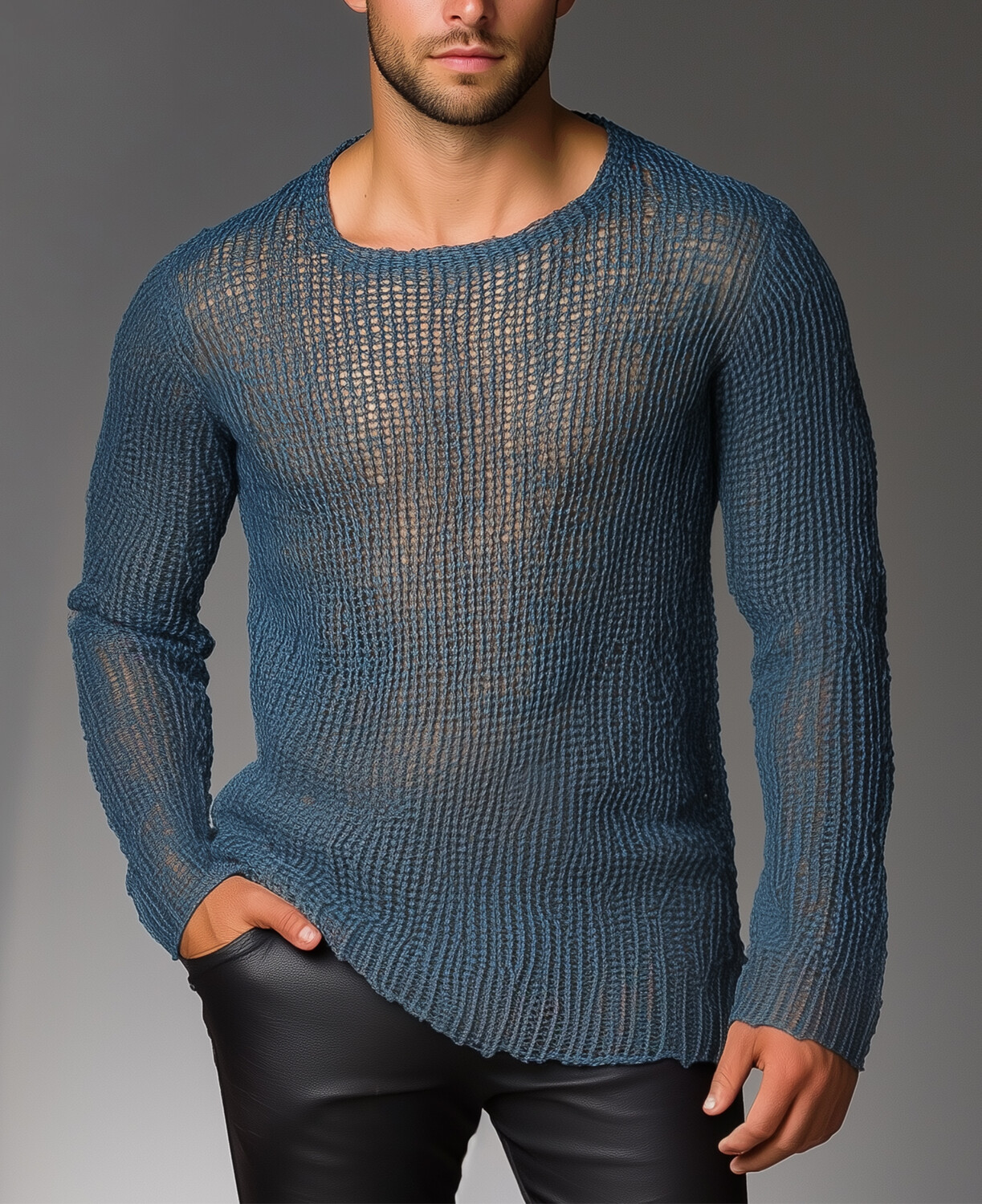 Okaywear Crew Neck See-Through Knit Long Sleeve Sweater