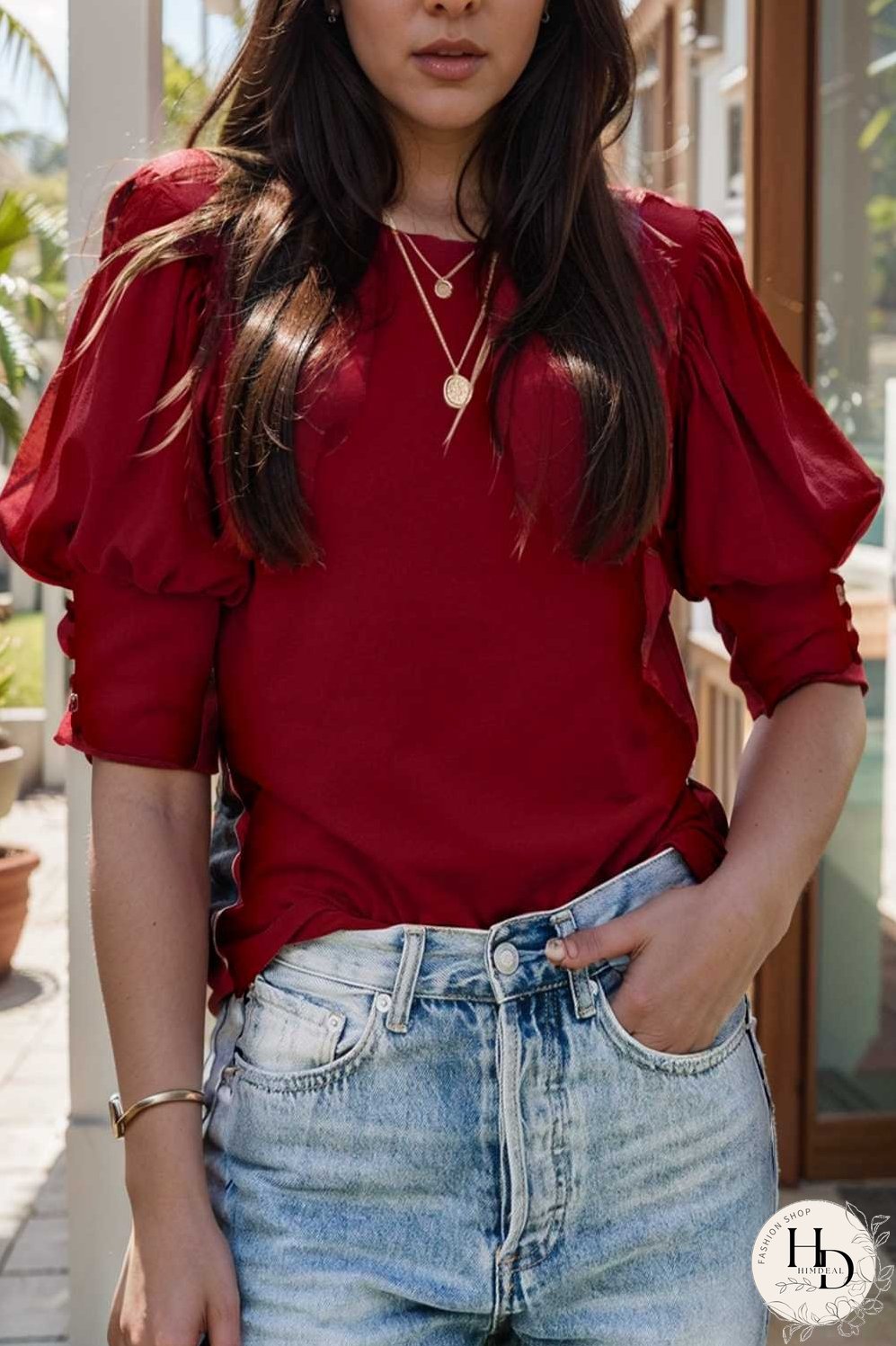 solid color button loose casual round neck t shirt