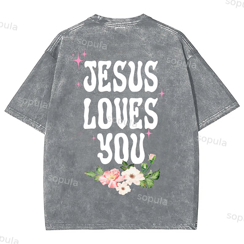 Sopula Vintage Short Sleeve Jesus Loves You Unisex Printed Acid Washed T-Shirt