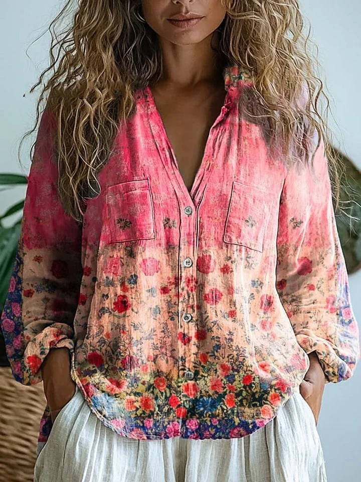 Women's Floral Art Print Casual Long Sleeve Comfortable Cotton Shirt