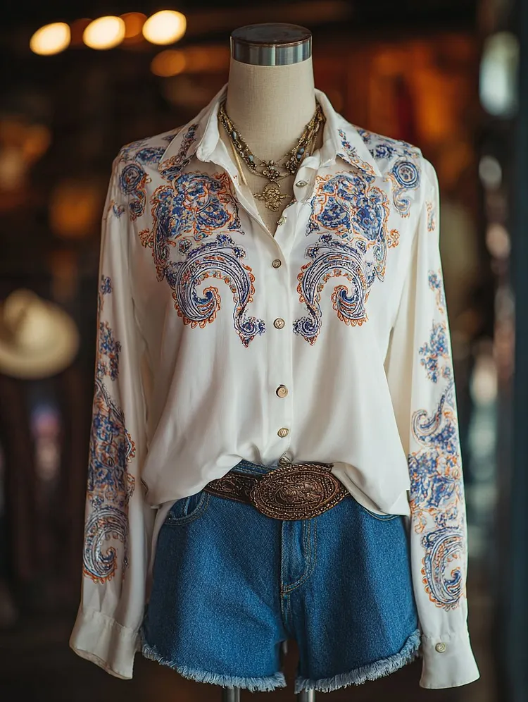 Women's Vintage Paisley Print Western Long Sleeve Double Pocket Shirt 