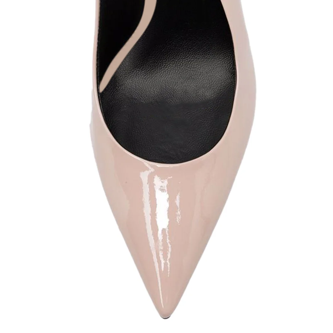 Pink Patent Leather Pointed Slingback Pumps with Rhinestone Heels