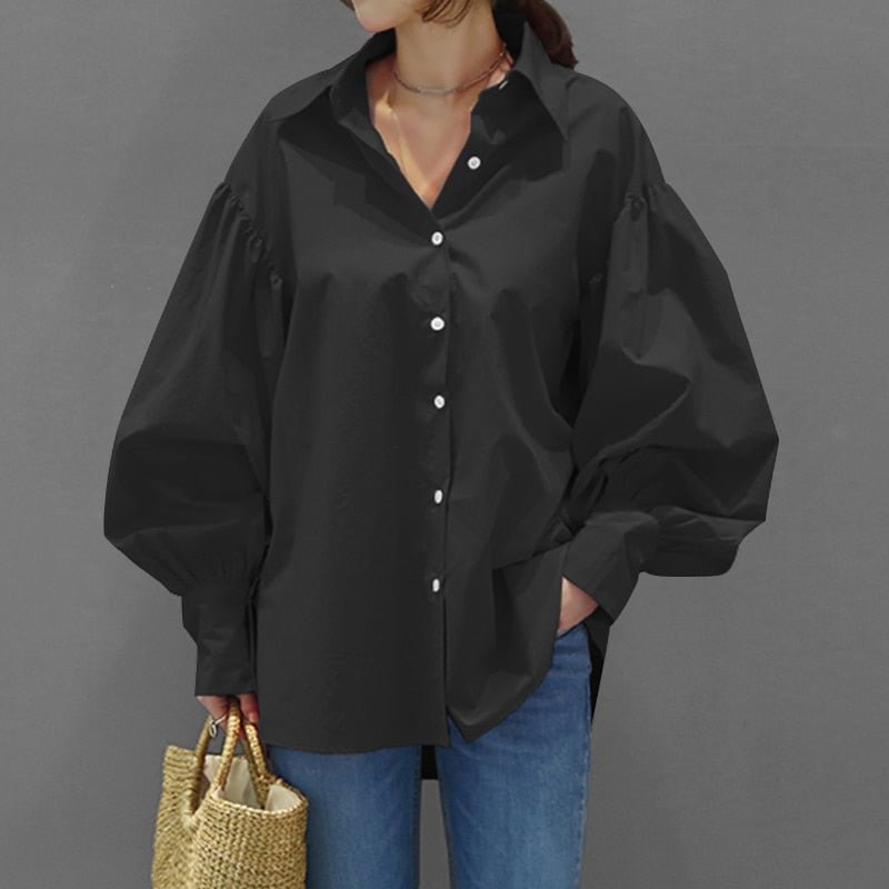 Casual Shirts Casual Lantern Sleeve Turn-down Collar Blouse 2022 VONDA Vintage Solid Tops Female Office Ladies Shirts Blusas