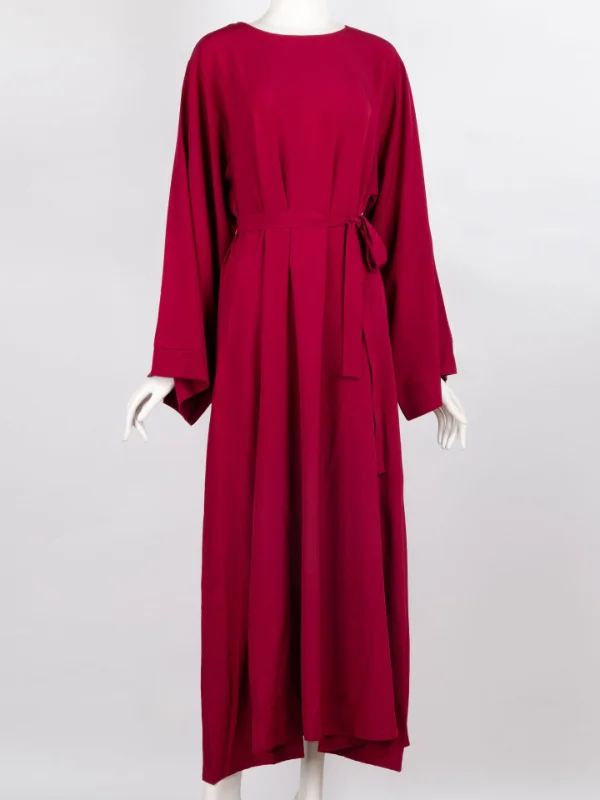 Simple Solid Color Long Sleeve Round Neck Midi Dress - yankia