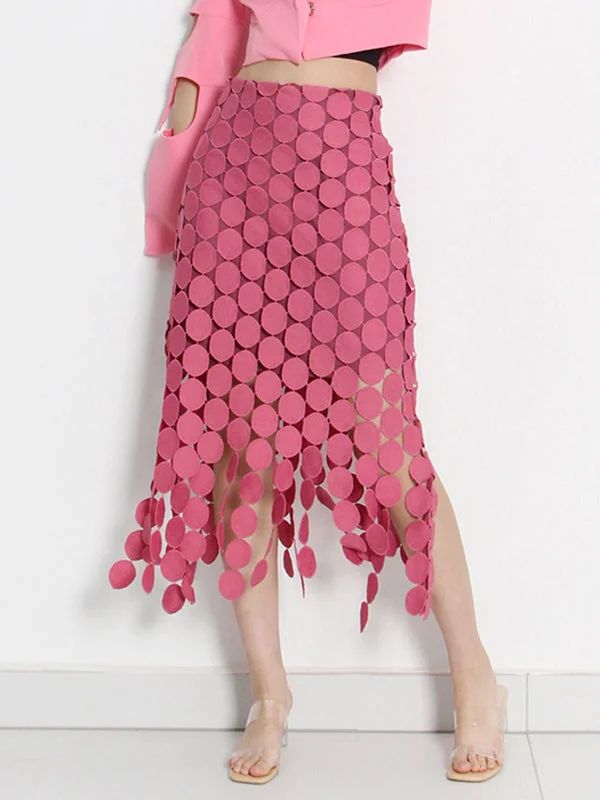 Chic Pink Embroidered Dots Irregularity Tasseled Hem Skirt