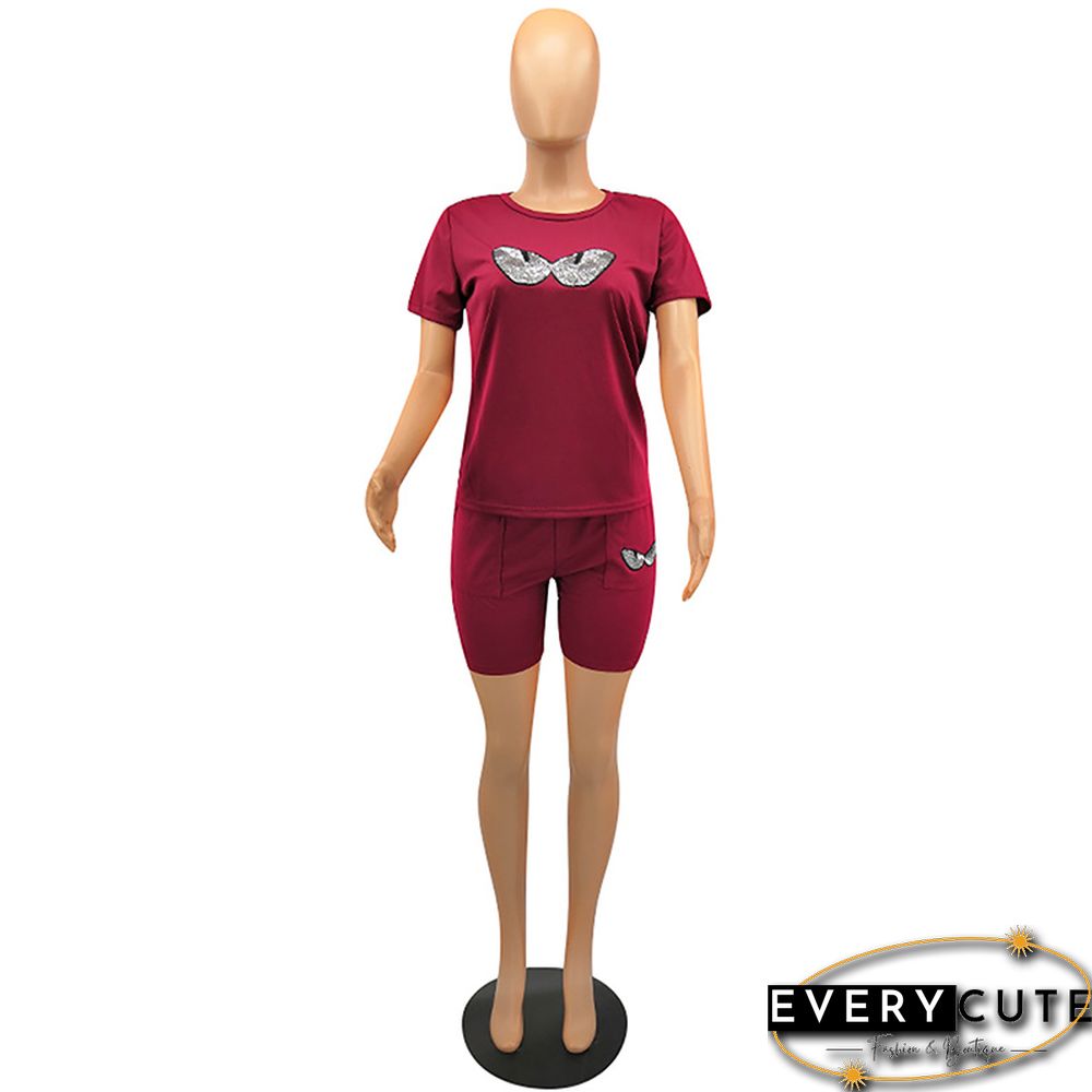 Wine Red Sequined Eyes Printed 2pcs Set