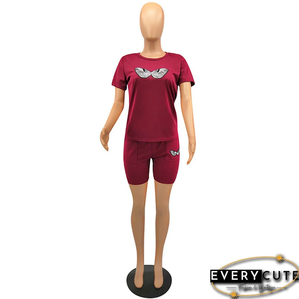 Wine Red Sequined Eyes Printed 2pcs Set