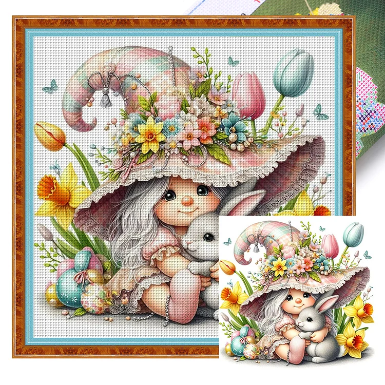 Girl Holding Little Gray Rabbit Goblin 11CT Stamped Cross Stitch 50*50CM