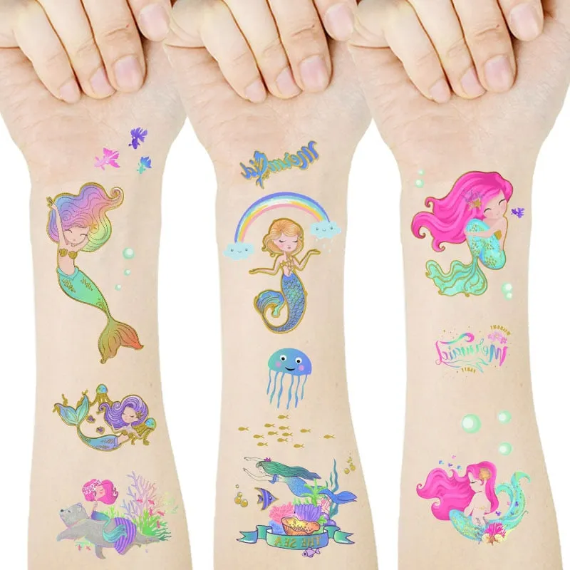 1Pc Mermaid Glitter Bronzing Cartoon Children's Body Temporary Tattoos For Kids Mermaid Theme Birthday Party Decoration Supplies