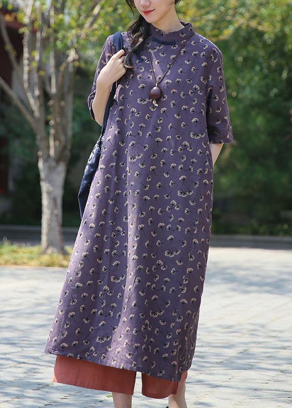 VCSHOES Purple Button Print Patchwork Cotton Dress Summer