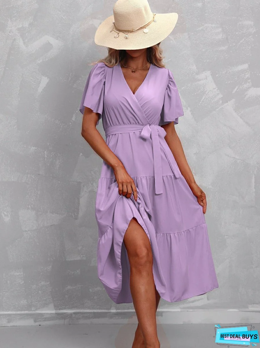 Solid Color Belted Short Sleeves Dress