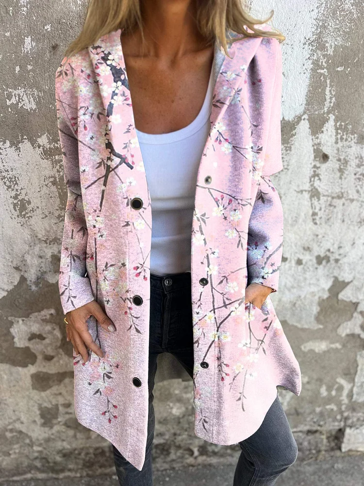 Japanese Style Cherry Blossom Literary Retro Long-sleeved Hooded Jacket