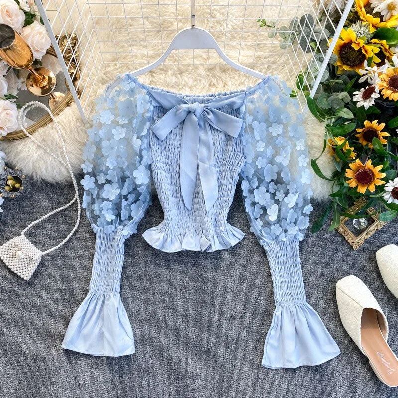 Elegant Spring Summer Women Short Shirt Sweet 3D Flower Appliques Mesh Crop Tops Slash Neck Puff Long Sleeve Ladies Blouse