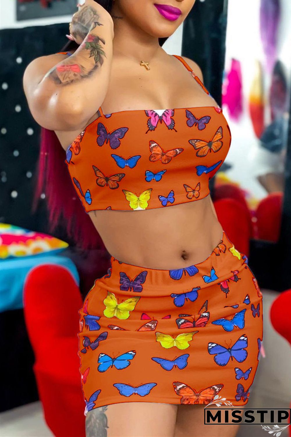 Green Fashion Sexy Butterfly Print Backless Square Collar Sleeveless Two Pieces