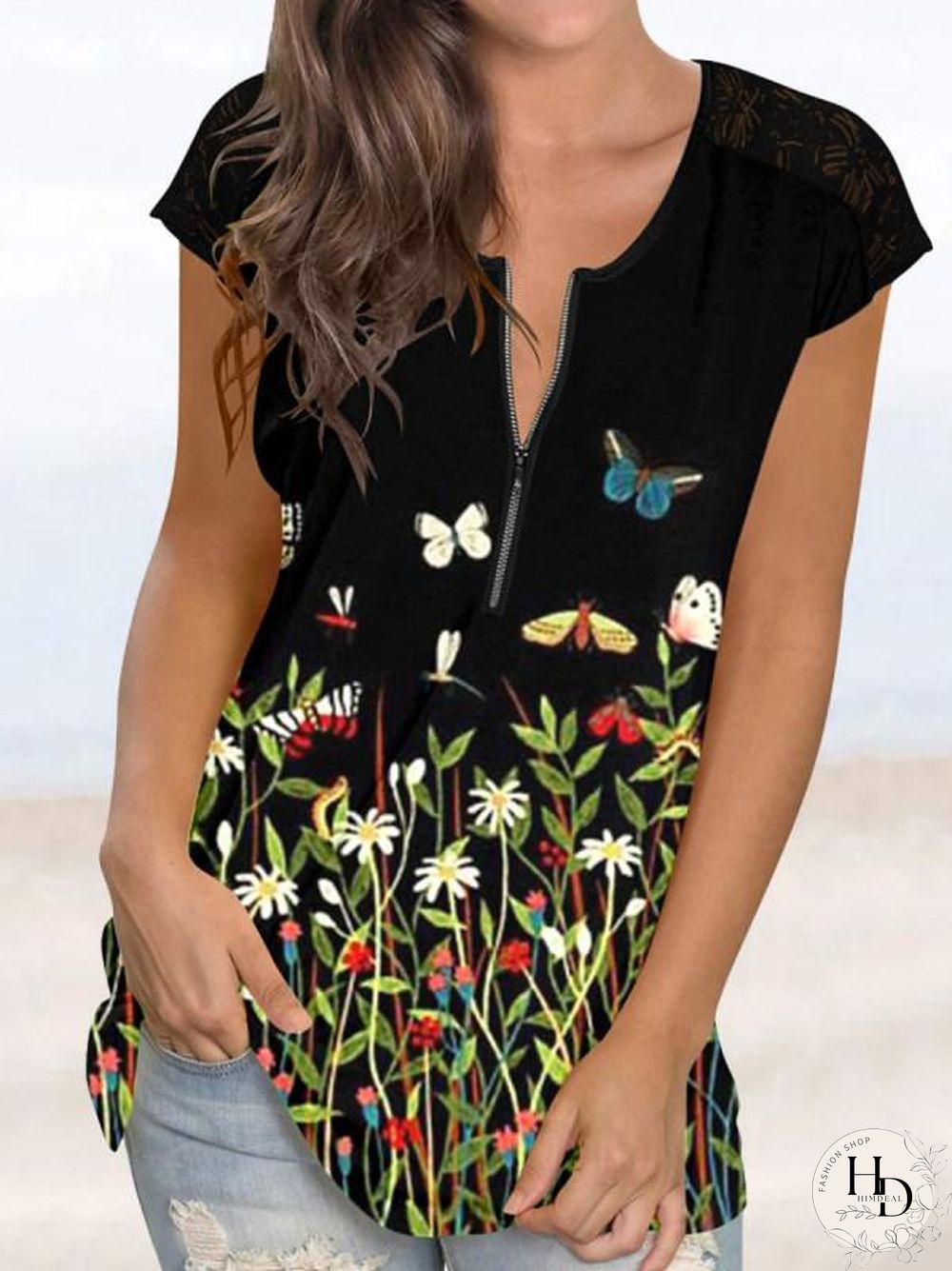 Zipper Printed Casual Patched Lace Sleeve Tee