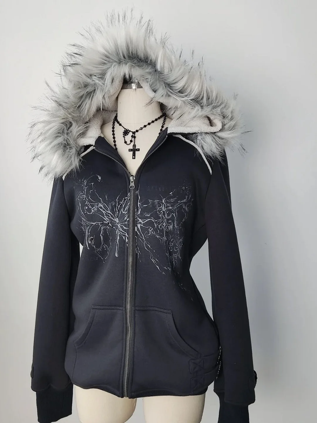 Aonga Harajuku Y2K Streetwear Jacket High Street Retro Fur Collar Zipper Hoodie Women Gothic Punk Letter Print Oversized Sweatshirt aonga