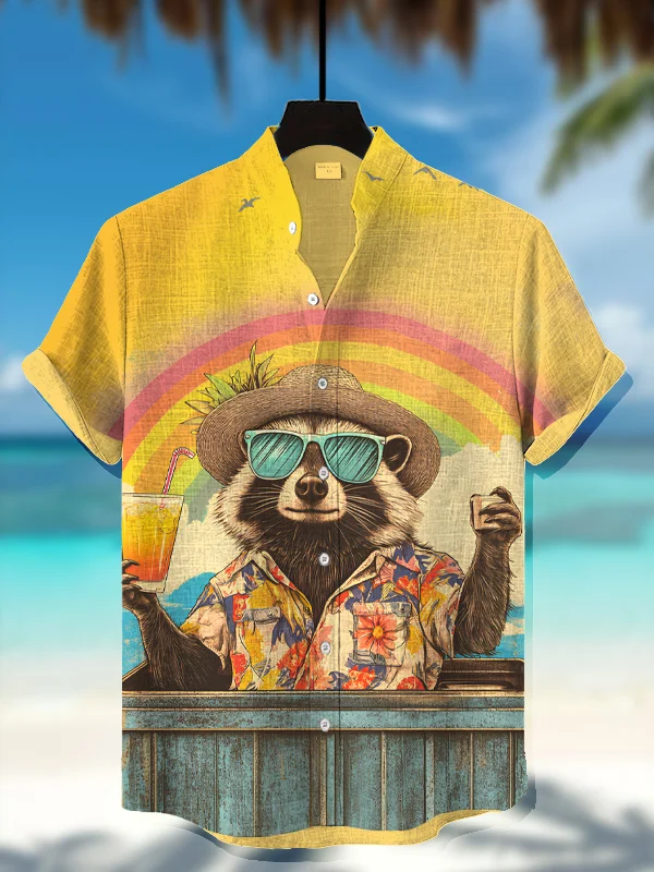 Men's Cool Raccoon on Vacation Rainbow Art Print Shirt