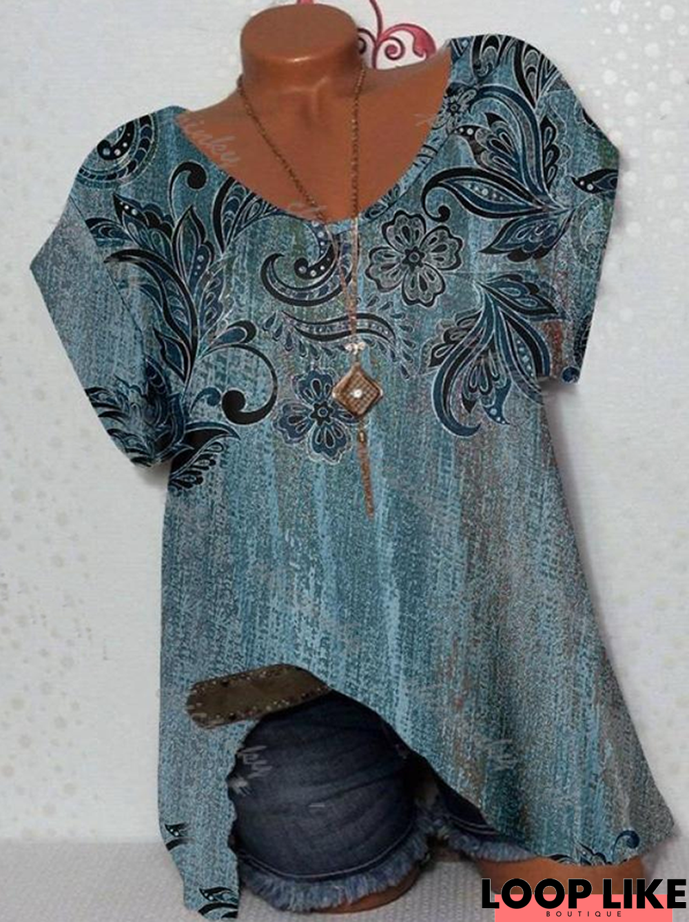 Short Sleeve Printed Casual Crew Neck Tunic Top
