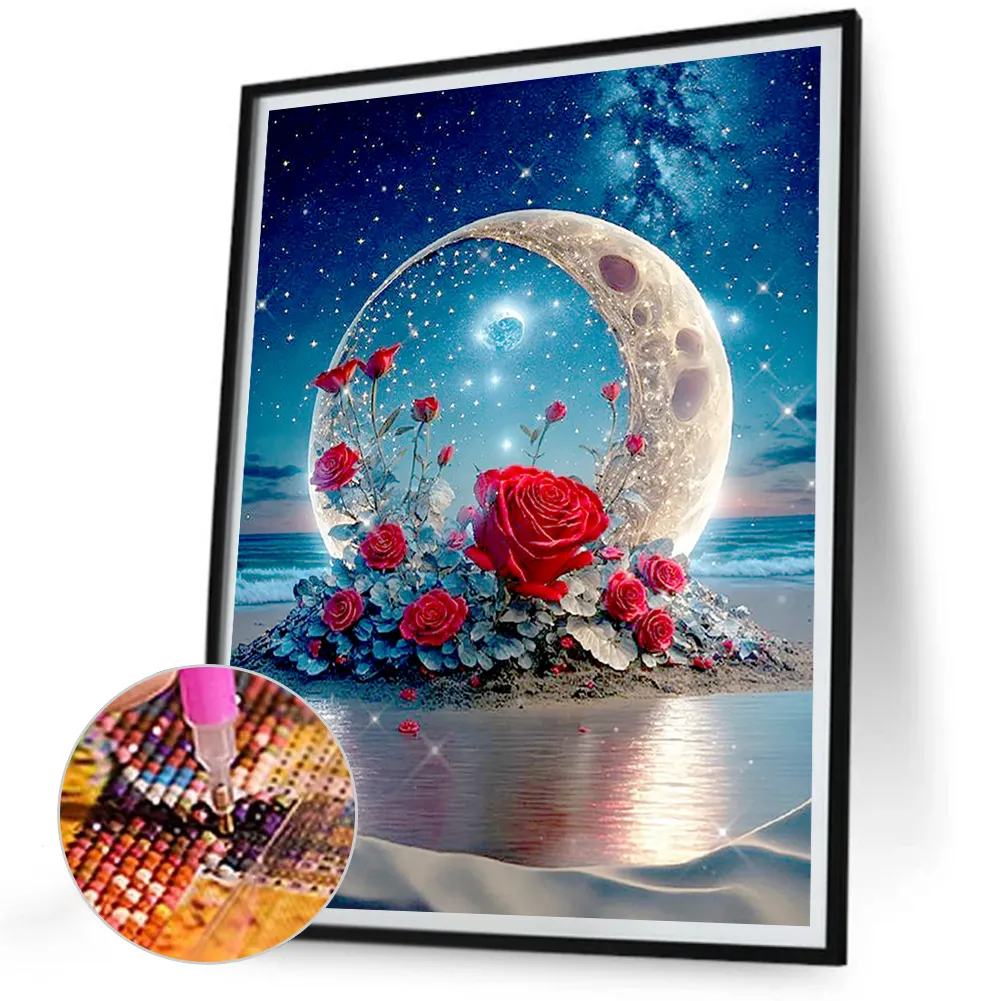 Full Round Diamond Painting 30*40cm - Red Roses Under The Moon
