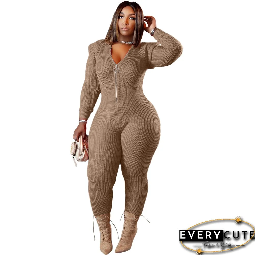 Knitted Long Sleeve Shoulder Padded Hooded Jumpsuit