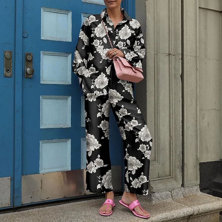 Floral Print Long Sleeve Shirt Two Piece Set