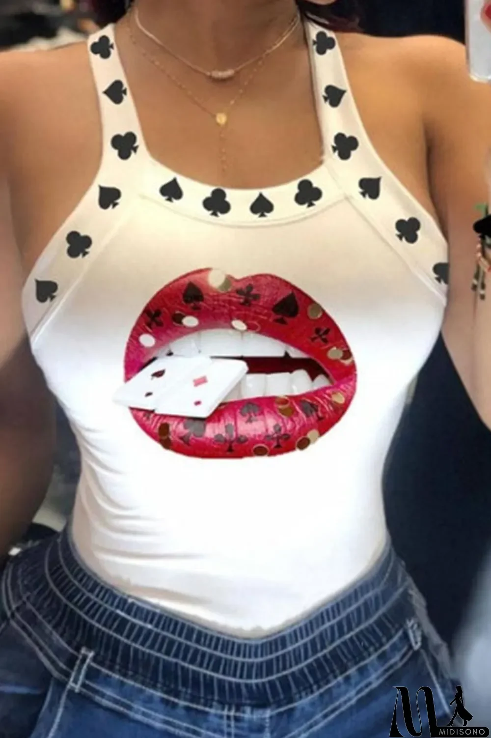 MidiSono - Red Sexy Print Patchwork U Neck Tops