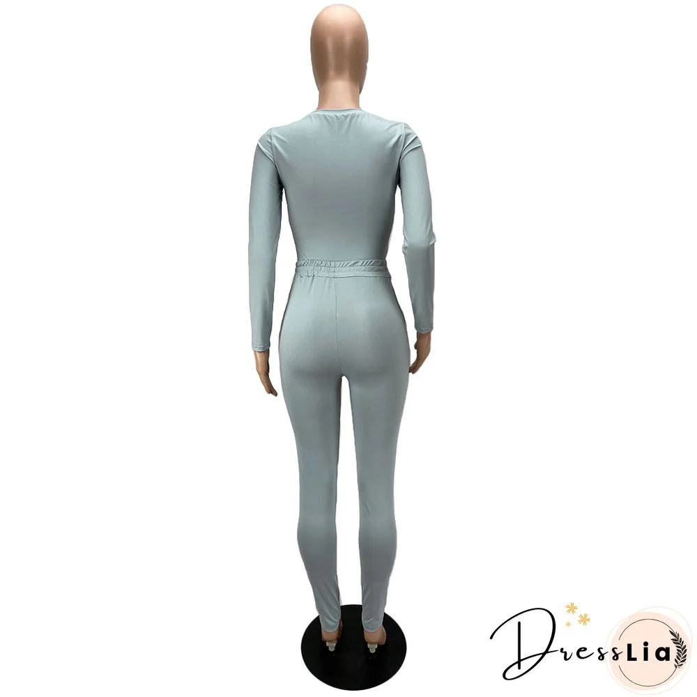 Solid Long Sleeve T Shirt Lace Up Pants Set