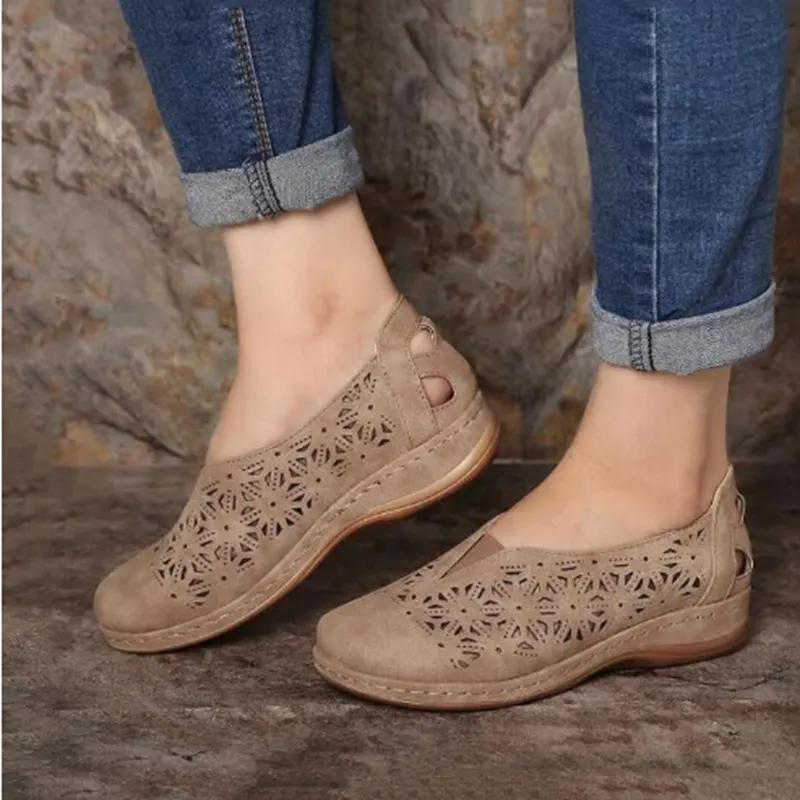 Yyvonne Casual Flat-Bottomed Hollow Hole Shoes Women Retro Round Head Pedal Lefu Shoes Lazy Single Shoes
