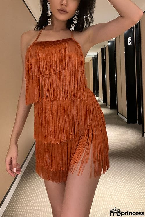 Halter Neck Open Back Tassel Hem Romper