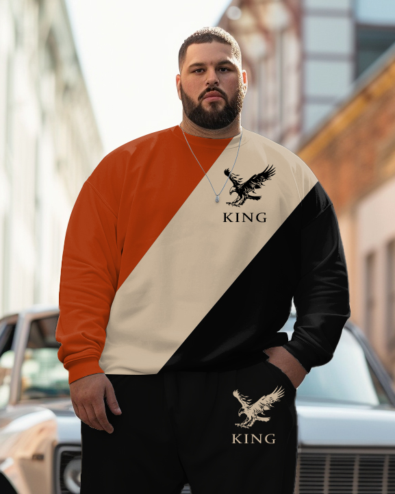Men's Plus Size Simple Colorblock Flying Eagle Sweatshirt 2-Piece Set