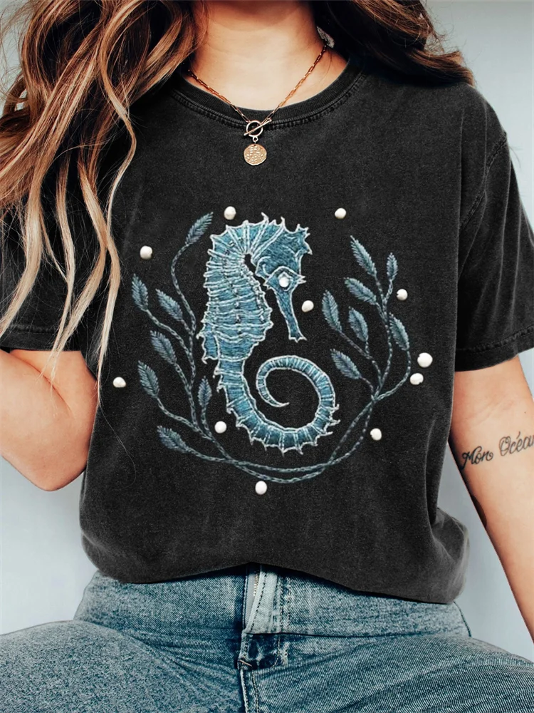 Wearshes Seahorse Pearls Beaded Embroidery Art Vintage T Shirt