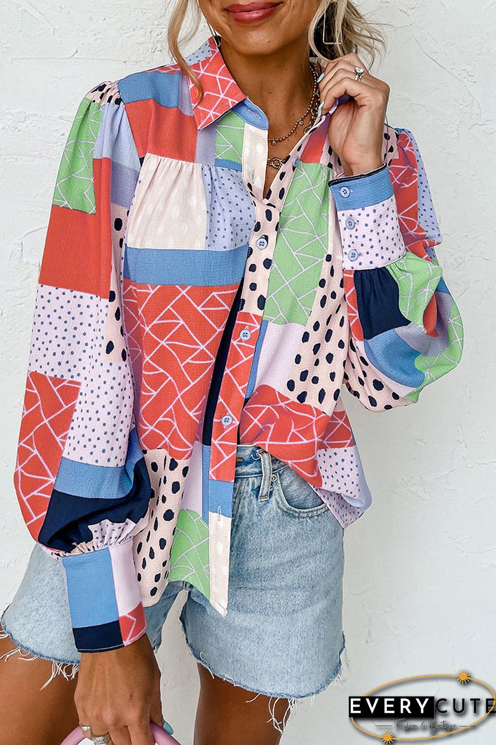 Orange Multicolor Mixed Print Button Front Cuffed Sleeve Shirt