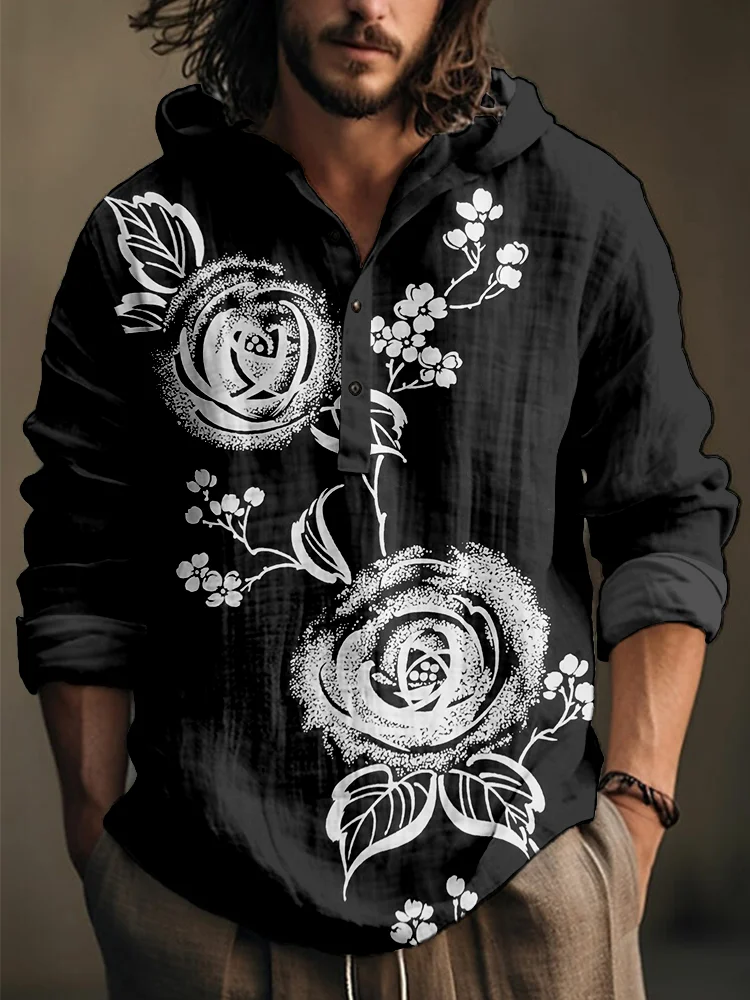 Vintage Japanese Floral Pattern Linen Blend Hooded Shirt