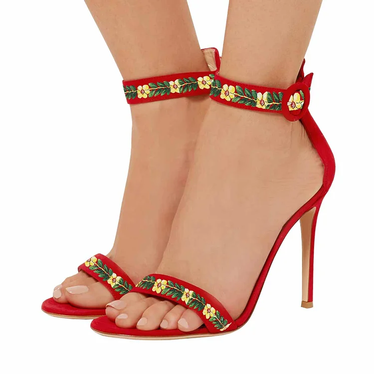 Women's Red Stiletto Heel Floral Ankle Strap Sandals |FSJ Shoes