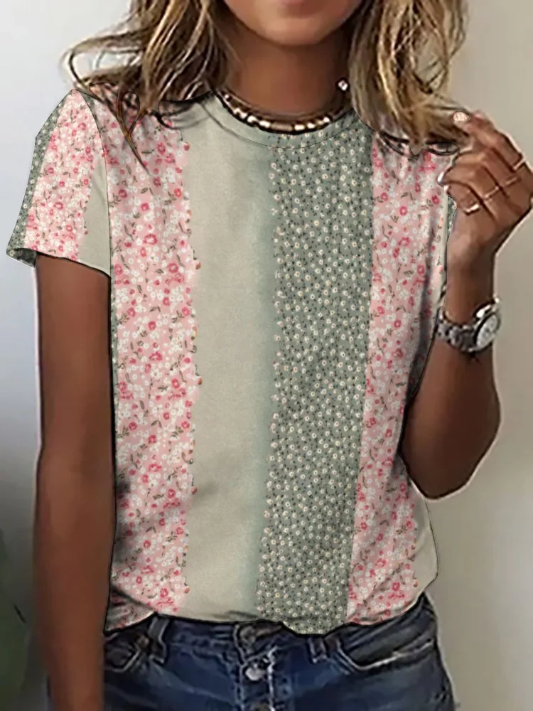 Printed Short Sleeve Casual T-shirt for  Women and Men Unisex Pattern Floral,Pink,Green,Stitch