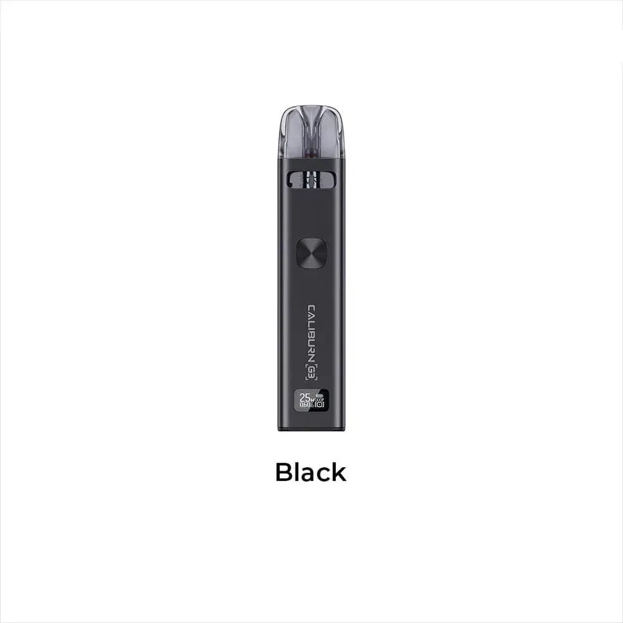 Black UWELL Caliburn G3 pod system showcasing its sleek design, digital display, and clear pod on-page product view.