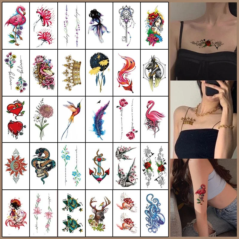 30pcs Temporary Tattoos Colorful Snake Fox Bird Flower Fake Tatto Stickers for Men Women Arm Body Art Waterproof Tatoos Decals