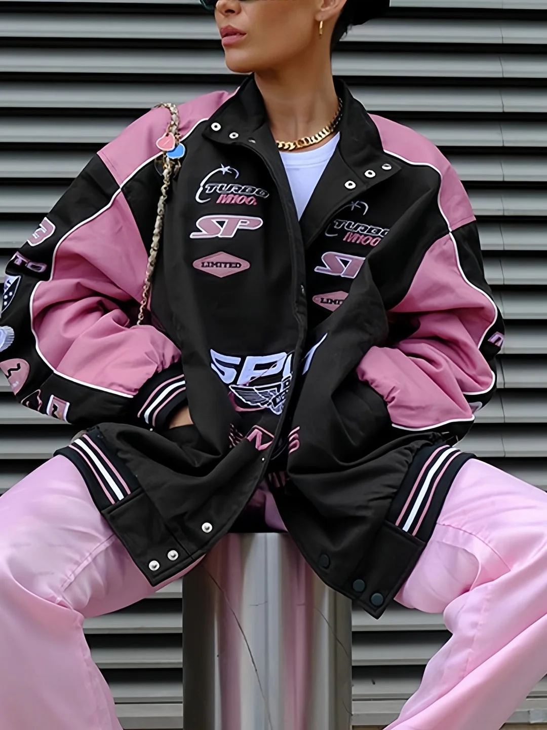Brownm Black Pink Raglan Moto Jacket with Printed Slogan