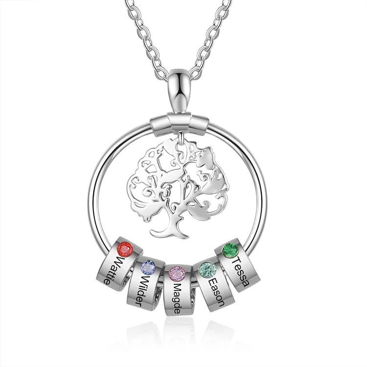 Personalised Family Tree Necklace With 5 Birthstones Engraved Names Gift For Mother