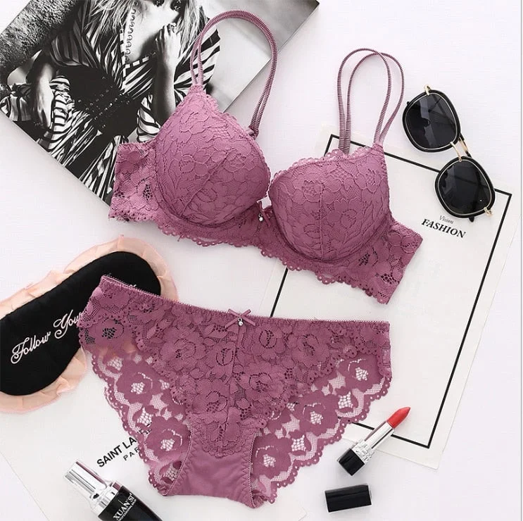 DERUILADY Lace Floral Lingerie Set Push Up Bra Women Comfort Adjusted Bra And Panty Set Sexy Backless Wireless Underwear Set