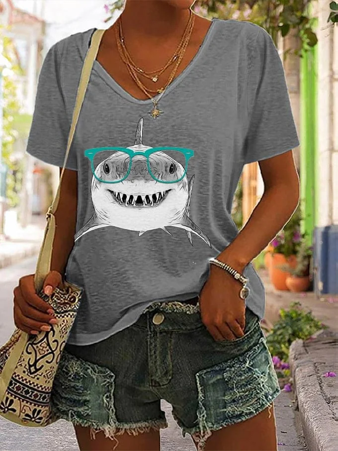 Women's Fun Funny Glasses Animal Shark Print V-neck T-shirt socialshop