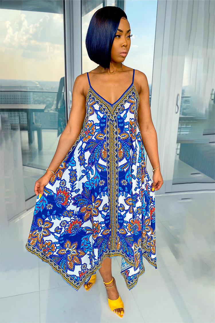 Floral Print V Neck Loose Fit Irregular Slip Midi Dresses-Blue