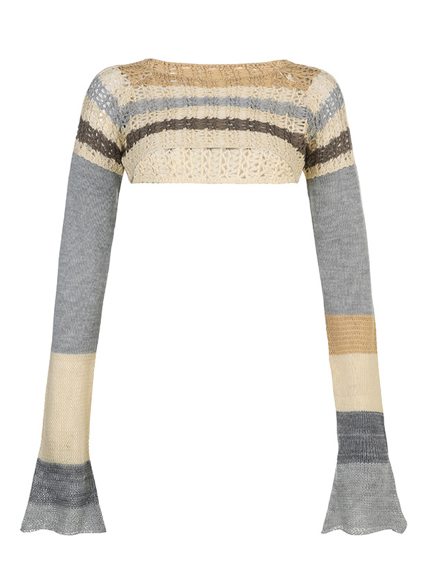 Paneled Stripes Color Block Crew Collar Knitted Cape