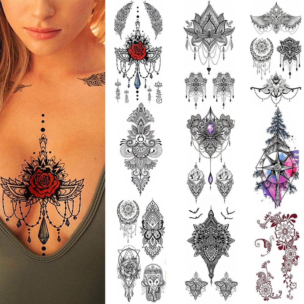 10Pcs/Set Sexy Lace Flower Temporary Tattoo Sticker Arm Sleeve Mermaid Butterfly Diamond Beauty Fake Body Chest Women Totem Girl